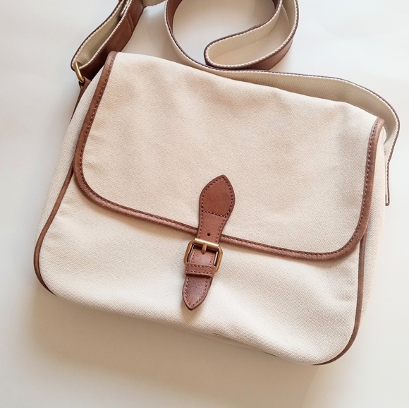 Brandy Melville Handbags - SOLD!Brandy Melville cow leather canvas brown cream shoulder messenger handbag